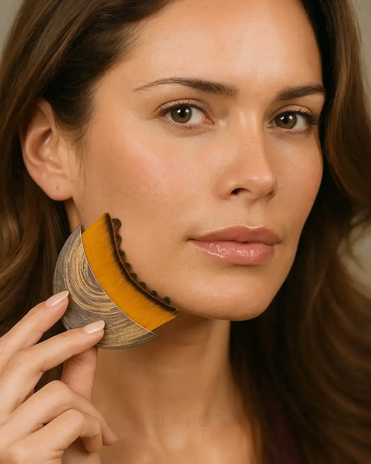 Mujer usando el Cepillo Clakos para reducir la hinchazón facial y definir la línea del maxilar. Ideal para mejorar la apariencia del rostro en pocos minutos.